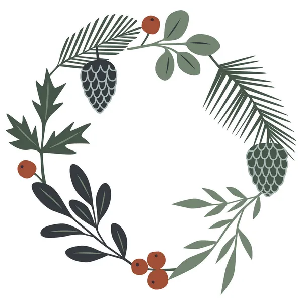 Рождественское украшение с ветками, ягодами и шишками — стоковый вектор