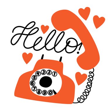Retro telefon ve yazıtlı vektör tebrik kartı. Merhaba, sevgililer günü için kalpli kırmızı telefon.