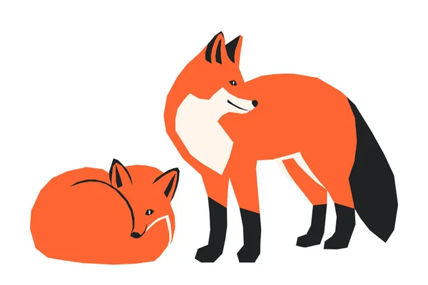 Εικονογράφηση διάνυσμα ενός ζεύγους αλεπούδων, ένα βρίσκεται, ένα στέκεται, απλό και φωτεινό παιδικό σχεδιασμό — Διανυσματικό Αρχείο
