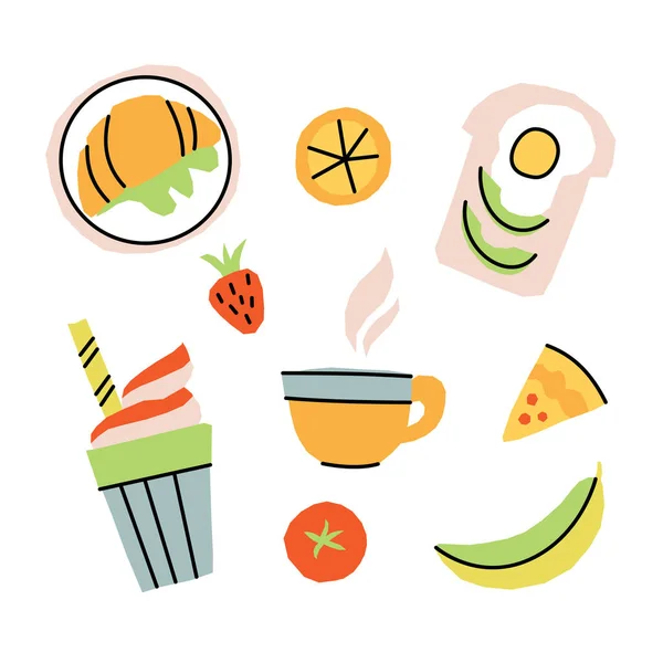 Conjunto vectorial de pegatinas con comida y bebidas para el desayuno — Archivo Imágenes Vectoriales