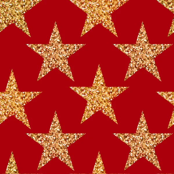 Vector seamless pattern with gold glitter stars on red background — Stock Vector