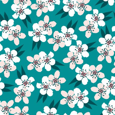 Yeşil arka planda kiraz çiçekleri olan kusursuz vektör deseni