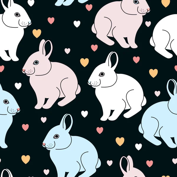 Cute seamless vector pattern with rabbits and hearts on a black background — Stock Vector