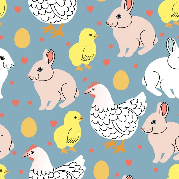 Söt sömlös påsk vektor mönster med kaniner, höns och kycklingar — Stock vektor