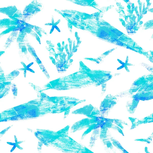 Nahtloses Muster mit Linolschnitten zum Thema Sommerreisen mit Schildkröten und Delfinen — Stockfoto