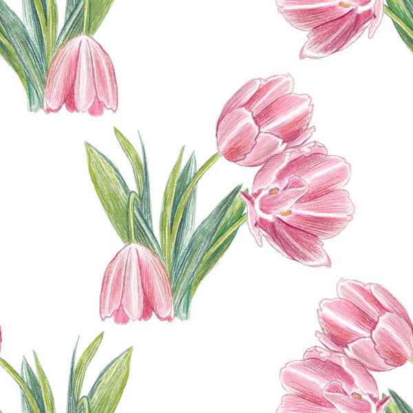 Patrón Sin Costuras Con Delicados Tulipanes Rosados Primavera —  Fotos de Stock