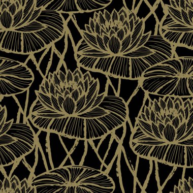 Bir nilüfer çiçeğinin yaprakları ve çiçekleri ile iki renkte bir gölet üzerinde vektörsüz desen