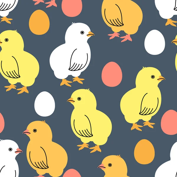 Διάνυσμα αδιάλειπτη μοτίβο με πολύχρωμα κοτόπουλα και αυγά σε σκούρο φόντο — Διανυσματικό Αρχείο