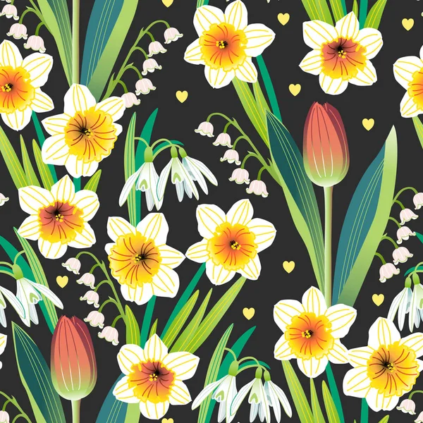 Vector seamless pattern with various spring flowers blooming tulips, daffodils, snowdrops and lilies of the valley — Stock Vector