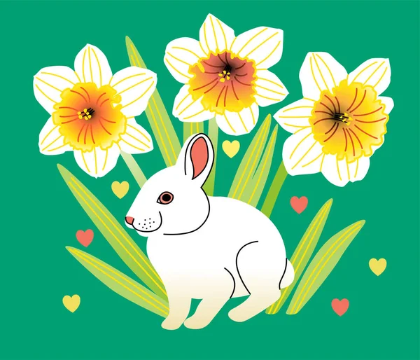 Çiçek açan nergisler arasında bir tavşanla Paskalya vektör çizimi