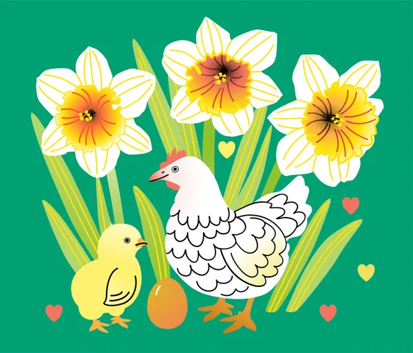 Ilustración vectorial de Pascua con gallina, huevo y polluelo entre narcisos florecientes — Archivo Imágenes Vectoriales