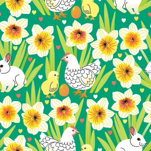 Easter vector seamless pattern with chickens and hen, and rabbit among daffodils — Stock Vector