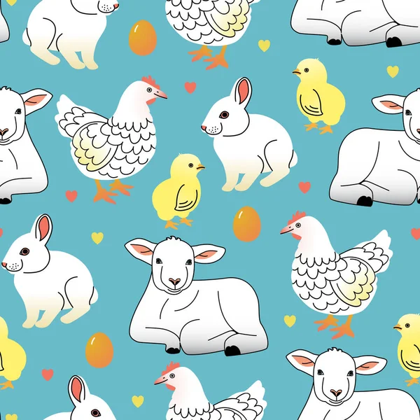 Easter vector seamless pattern with chickens, hens, rabbits and sheep — Stock Vector