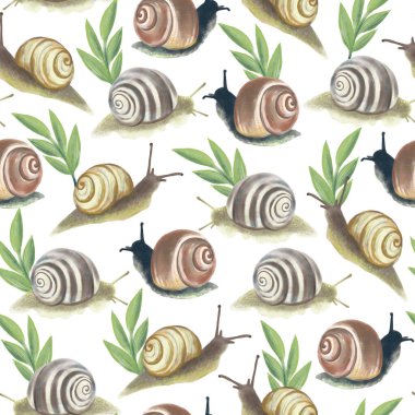 Seamless pattern with painted snails and green twigs on a white background