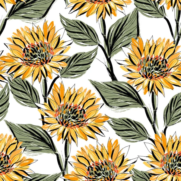 Seamless Pattern Bright Sunflower White Background — Foto Stock