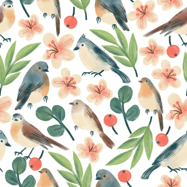 Seamless Pattern Painted Forest Birds Twigs Flowers Berries — 图库照片