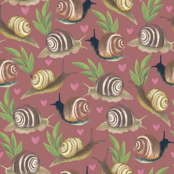 Seamless Pattern Digital Watercolor Snails Hearts — стокове фото