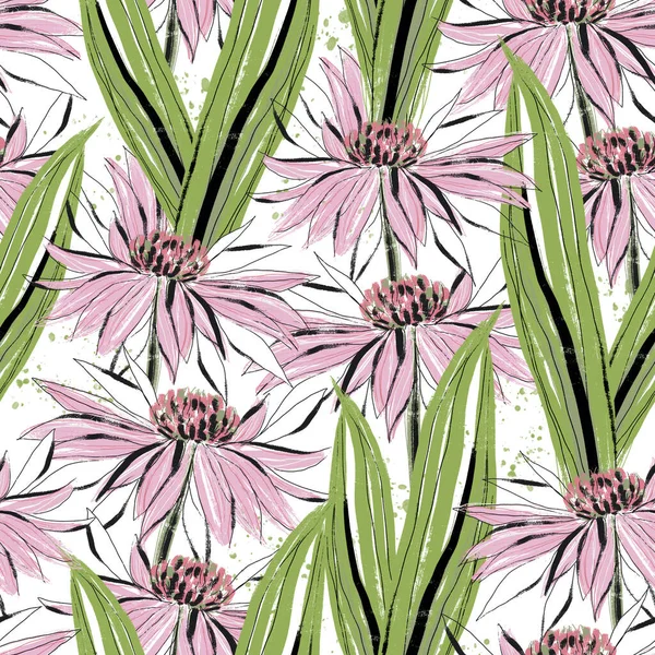 Seamless Pattern Bright Pink Flowers Covered Long Light Green Leaves — ストック写真