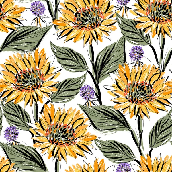 Seamless pattern with bright sunflower and wild onion flowers
