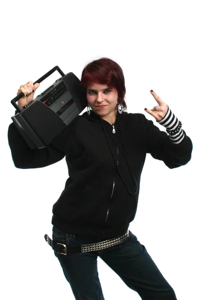 Meisje met tape recorder — Stockfoto