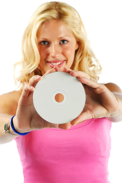 Girl with printable cd — Stockfoto