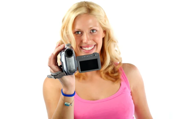 Girl recording by video camera — Stock Photo, Image