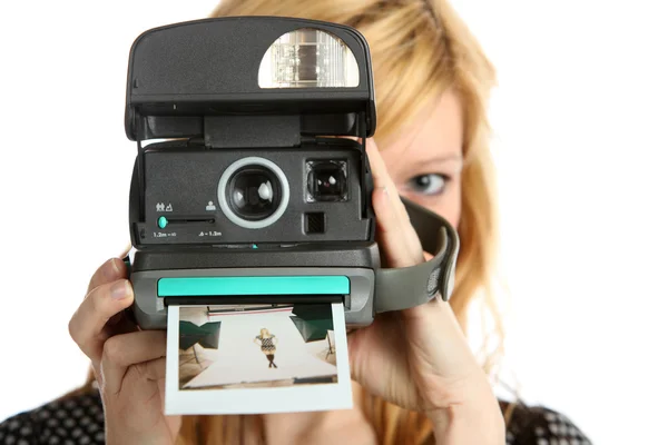 Girl with old point and shoot instant camera — Stock Photo, Image
