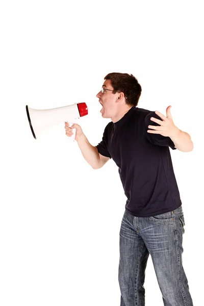 Jeune homme criant avec mégaphone — Photo