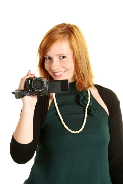 Woman with modern digital camera — Stock Photo, Image