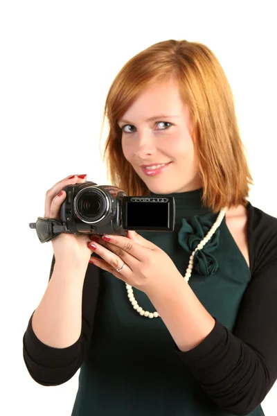 Woman with modern digital camera — Stock Photo, Image