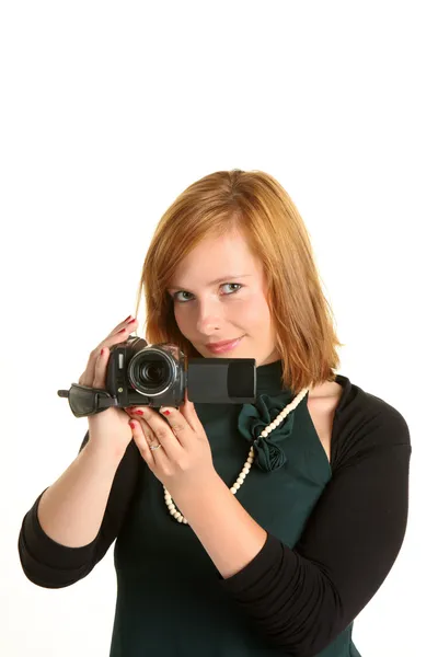 Frau mit moderner Digitalkamera — Stockfoto