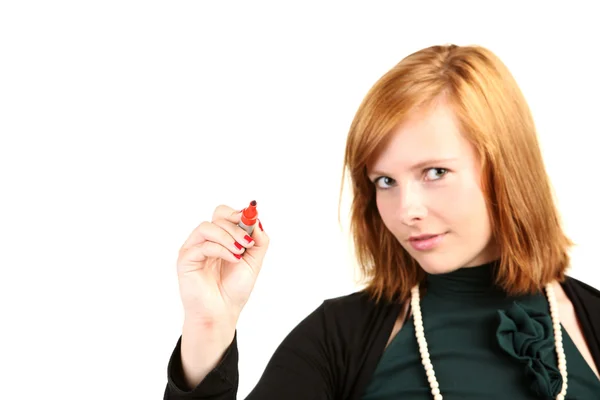 Young business woman with red pen — Stock Photo, Image