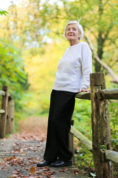 Ältere Frau in einem Park auf einer Brücke — Stockfoto