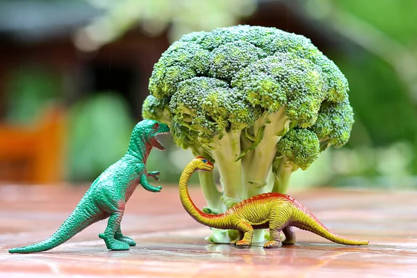 Imagen divertida de dinosaurio de juguete comiendo árbol de brócoli. La foto se puede utilizar para ayudar a cocinar con los niños, preparar platos aptos para niños y promover alimentos saludables para los niños. — Foto de Stock