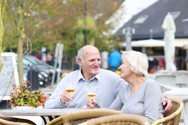 Couple of seniors enjoying glass of cold beer — Stock Photo, Image