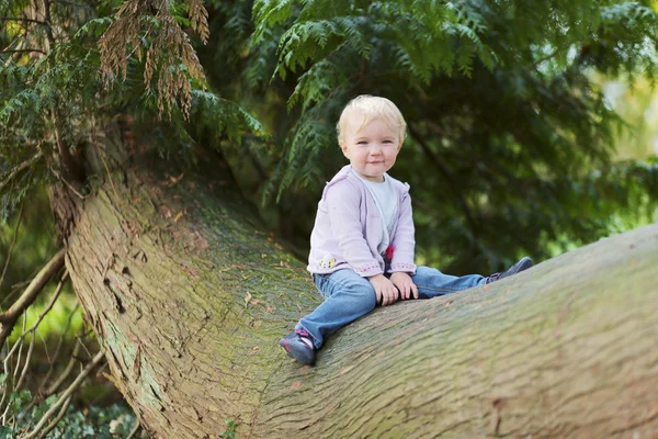 Flicka sitter på bänken i gamla stora träd — Stockfoto