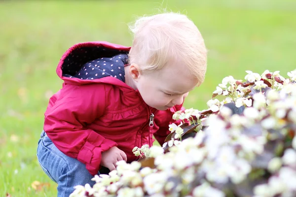 Девочка играет в цветастом парке — стоковое фото