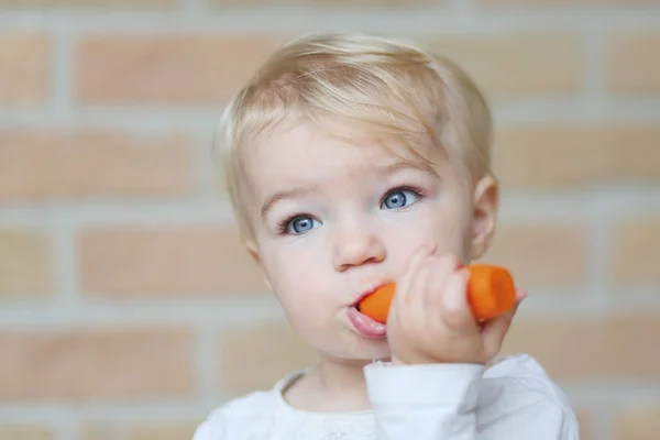 Bebé niña muerde en deliciosa zanahoria fresca cruda —  Fotos de Stock