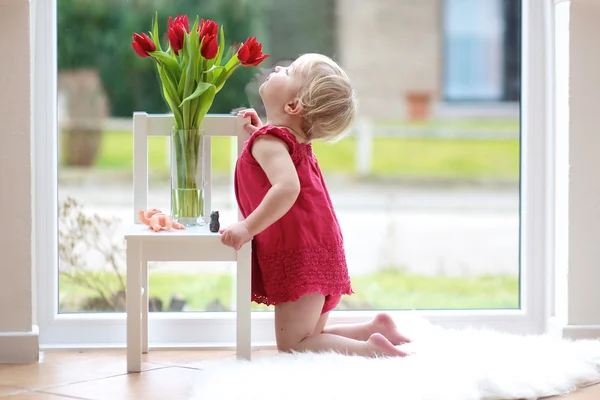 Girl smelling tulips — Stock Photo, Image