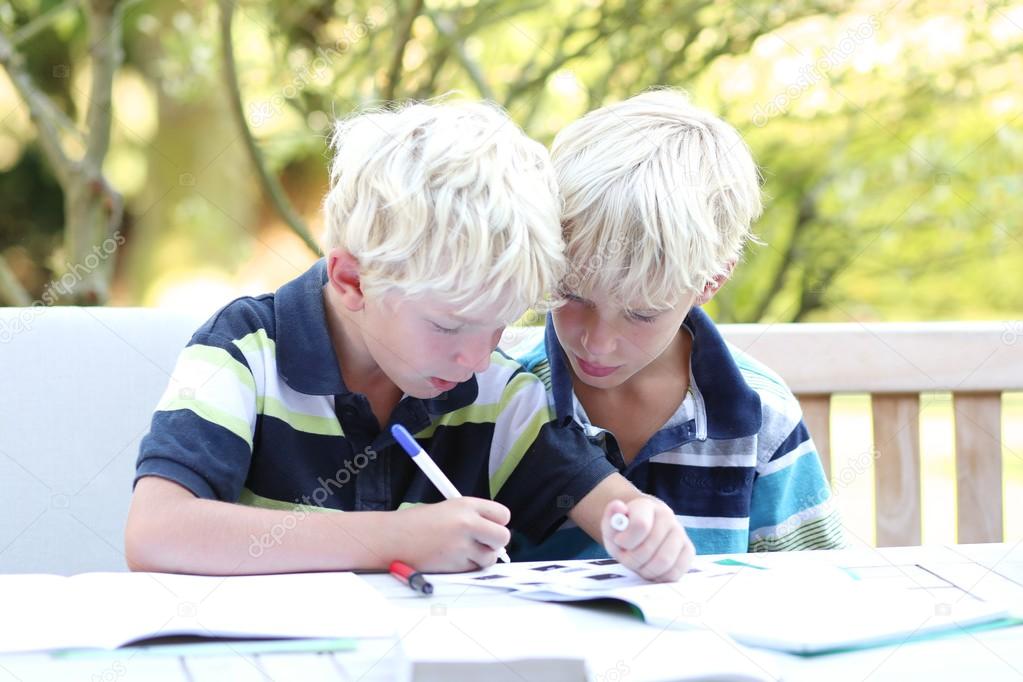 Twin brothers doing together homework