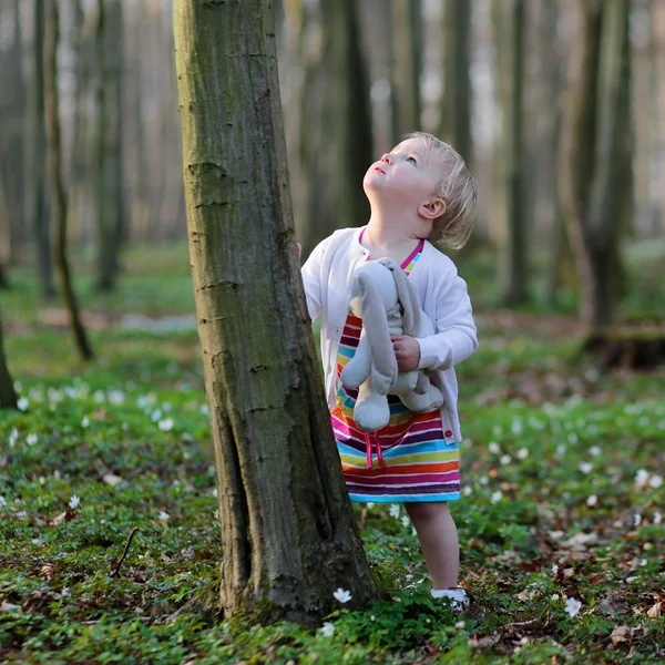 Dziewczyny też grają w lesie wiosną w słoneczny dzień — Zdjęcie stockowe