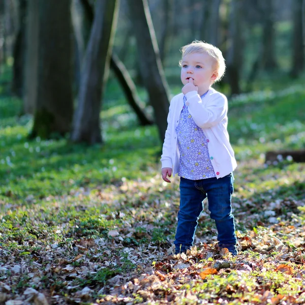 Dívka si hraje v lese jaro nebo léto — Stock fotografie