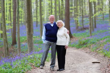 Ormanda yürüyen yaşlı çift.