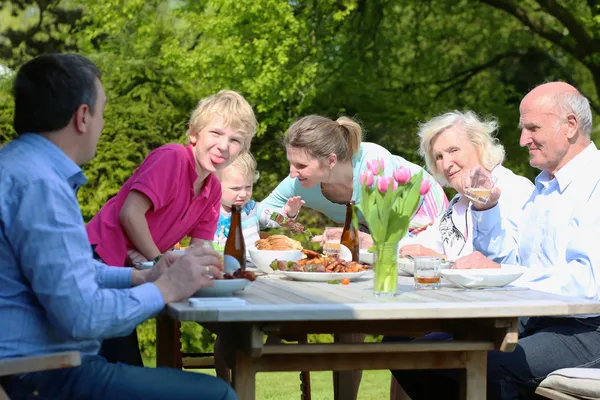 Familie mit gesundem BBQ-Mittagessen — Stockfoto