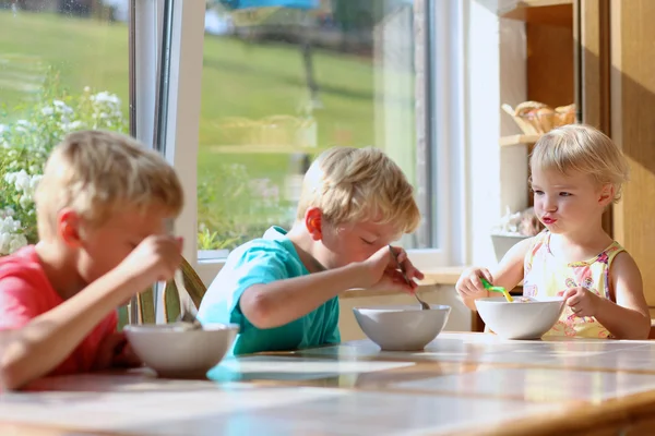 Grupp av glada barn med hälsosam frukost sitter i soliga kök — Stockfoto