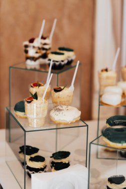 Ekşi kremayla kaplı kibrit ve ahududu dolgulu sünger kek. Kare kek ve taze böğürtlen.