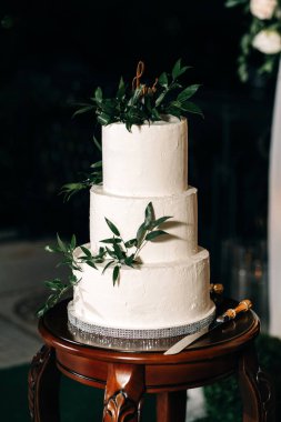 Üç kat beyaz düğün pastası. Üstünde beyaz mastik krem ve şifalı otlarla süslenmiş.