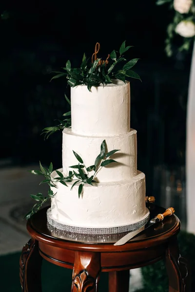 Üç kat beyaz düğün pastası. Üstünde beyaz mastik krem ve şifalı otlarla süslenmiş.