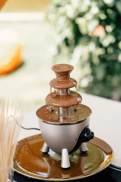 Chocolate fountain on a stand on a green background. Milk chocolate flows from