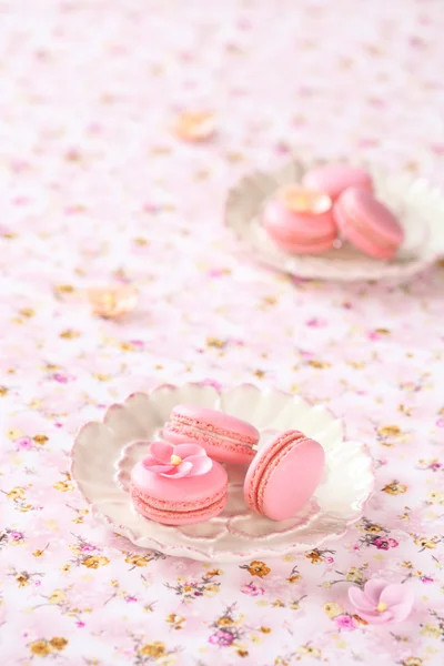 Rosa Macarons auf weißen Tellern, auf einer hellrosa floralen Tischdecke — Stockfoto